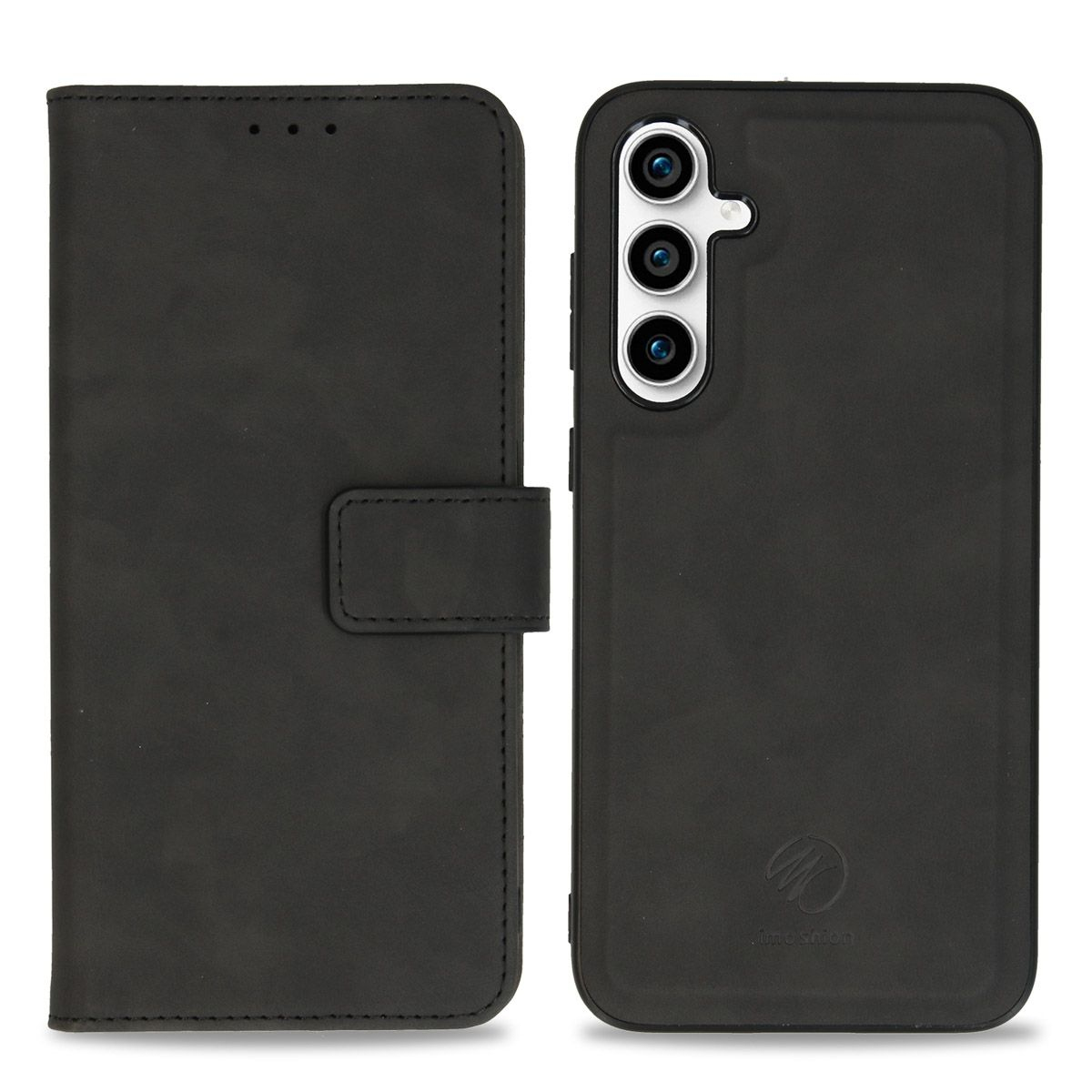 Zwarte leren telefoonhoes met een portemonnee-ontwerp. Het heeft een magnetische sluiting en een telefoonhouder.