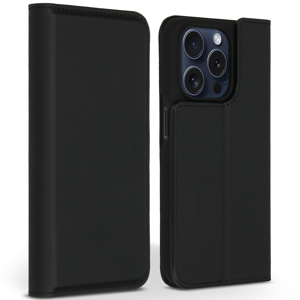 Étui de téléphone noir avec un téléphone à l'intérieur. L'étui est ouvert, montrant la caméra et l'écran du téléphone. Fond blanc.