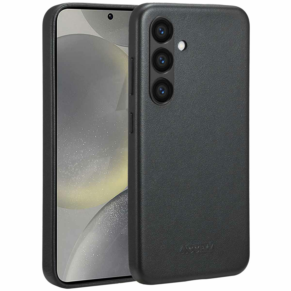 Zwarte telefoonhoes met telefoon erin. De hoes heeft drie cameralenzen en een flits. Het scherm van de telefoon is zichtbaar.