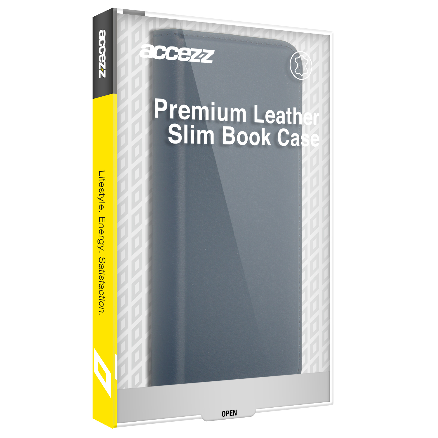 Una custodia per libri in pelle grigia in una custodia di plastica trasparente. La custodia ha il marchio 'accezz' e il testo 'Premium Leather Slim Book Case'.