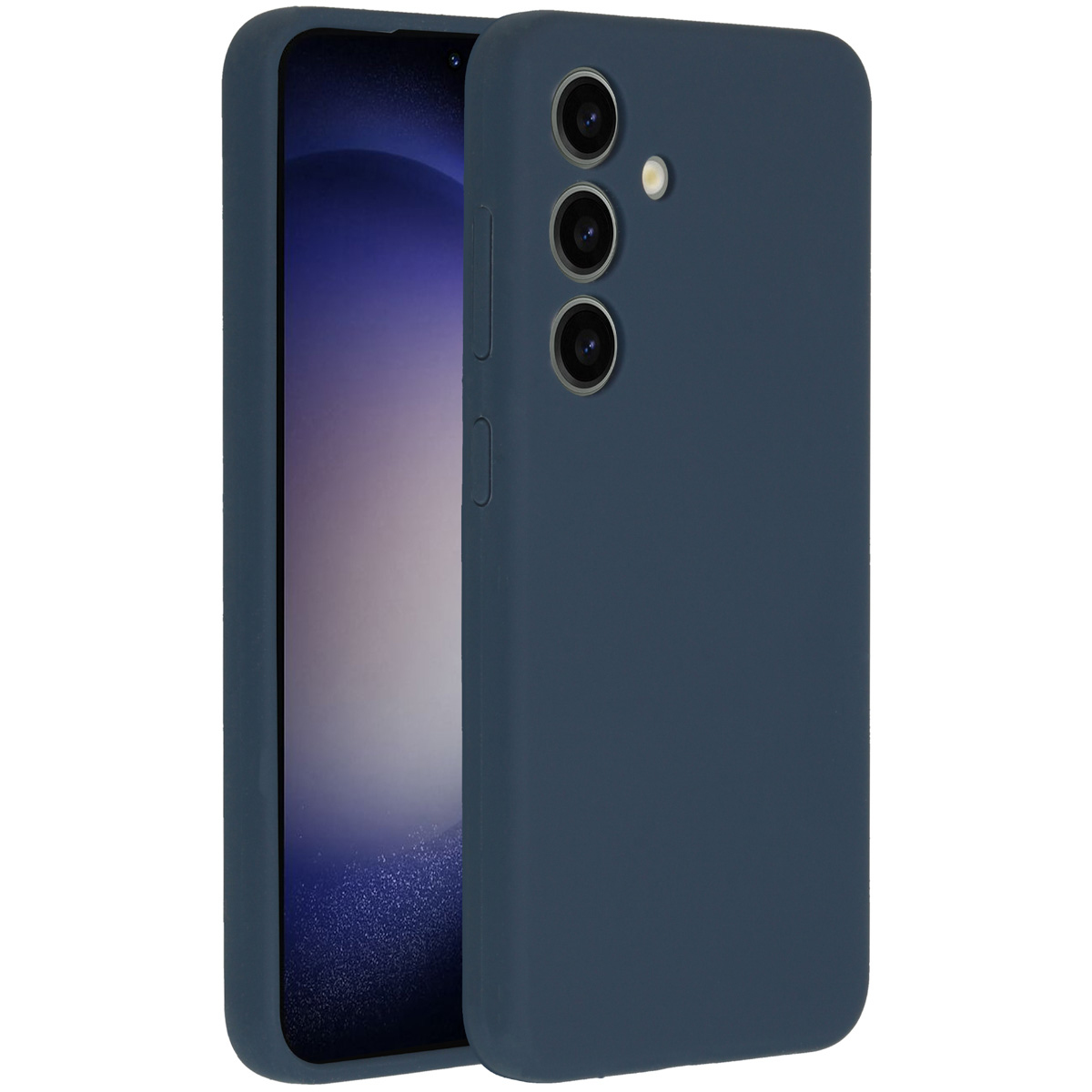 Eine dunkelblaue Handyhülle neben einem Handy mit Bildschirm. Die Hülle hat drei Kameralinsen. Der Hintergrund ist weiß.