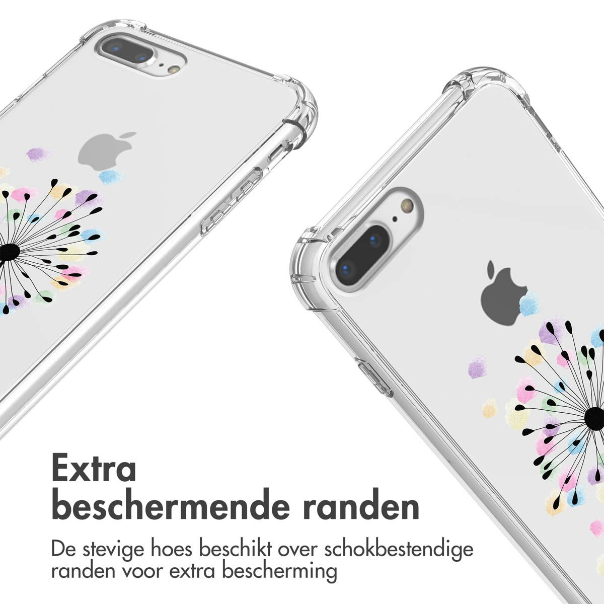 Deux coques de téléphone transparentes avec un motif floral sont présentées. Le texte dit : Bords de protection supplémentaires. Les coques affichent le logo Apple.