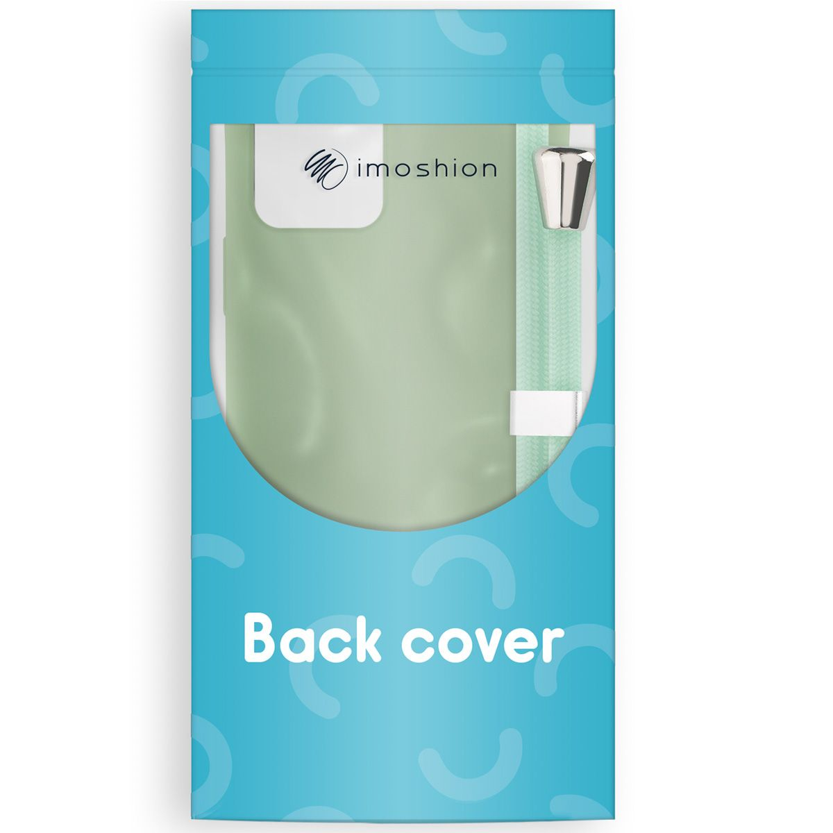 Eine Handy-Rückseite in einer blauen Verpackung. Die Hülle ist hellgrün, die Verpackung hat den Text 'Back cover' und die Marke 'imoshion'.