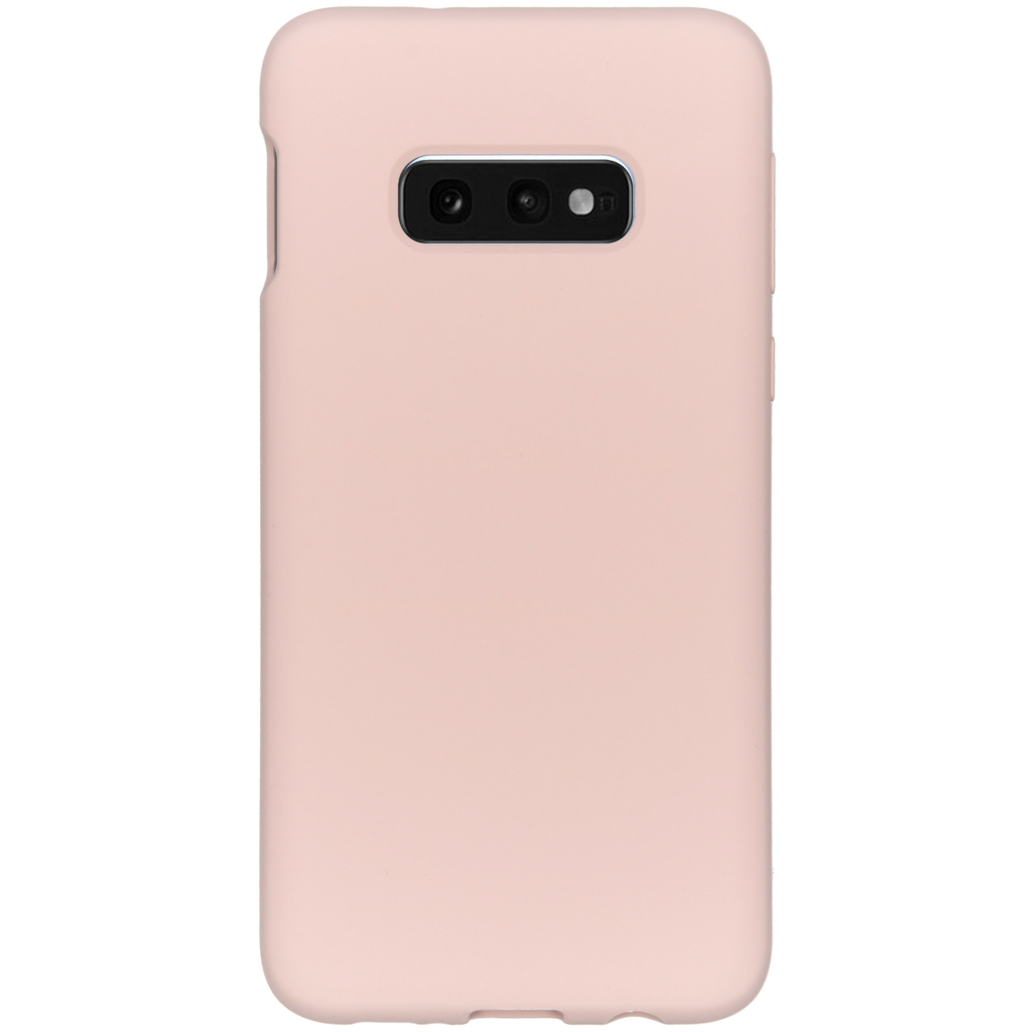 Een lichtroze telefoonhoesje. Het heeft een camera-uitsparing met twee lenzen en een flitser.