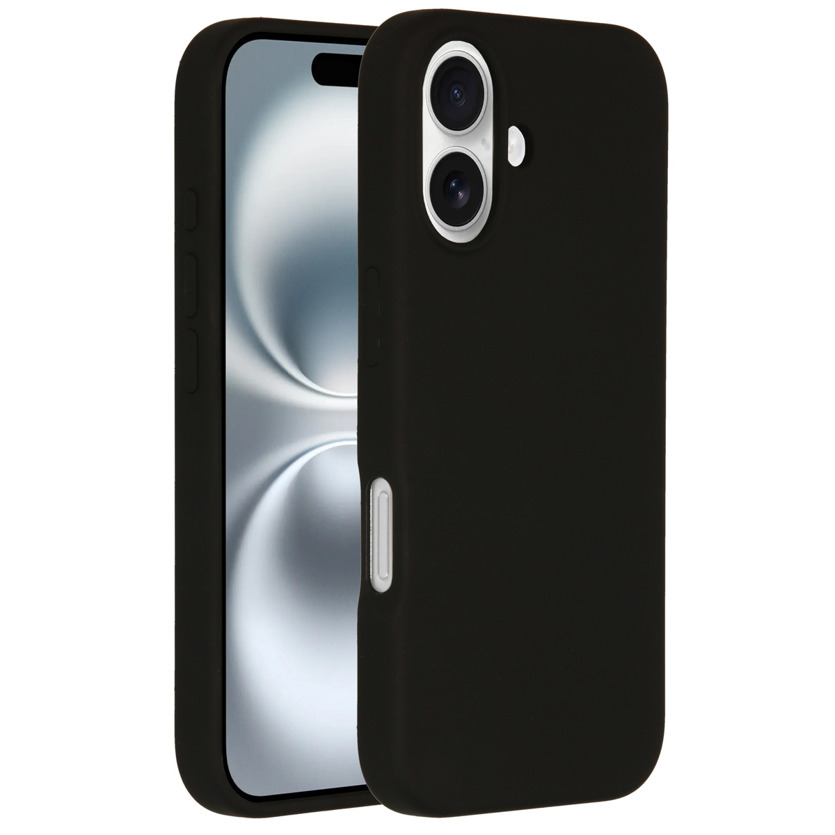 Une coque de téléphone noire avec un téléphone à l'intérieur. Le téléphone a un boîtier de caméra argenté. Le fond est blanc.
