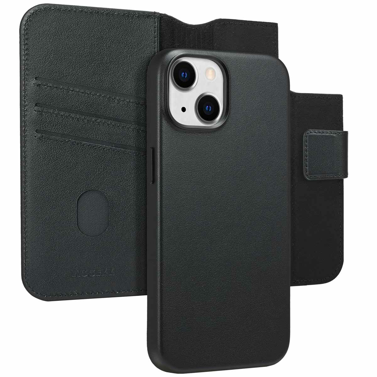 Een zwarte iPhone in een portemonnee. De portemonnee is open en toont kaartsleuven. De camera van de telefoon is zichtbaar.