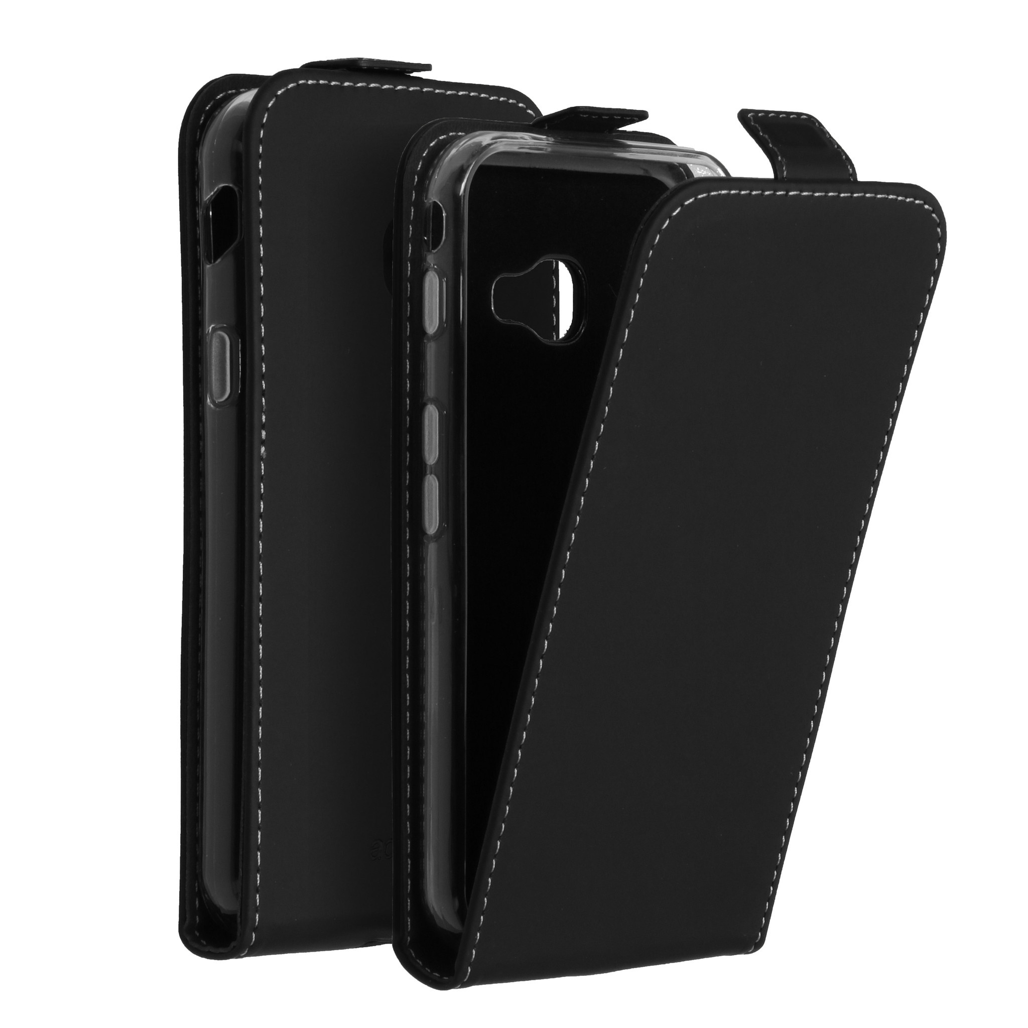 Un étui de téléphone noir avec des coutures blanches est affiché. L'étui est ouvert, montrant le téléphone à l'intérieur.