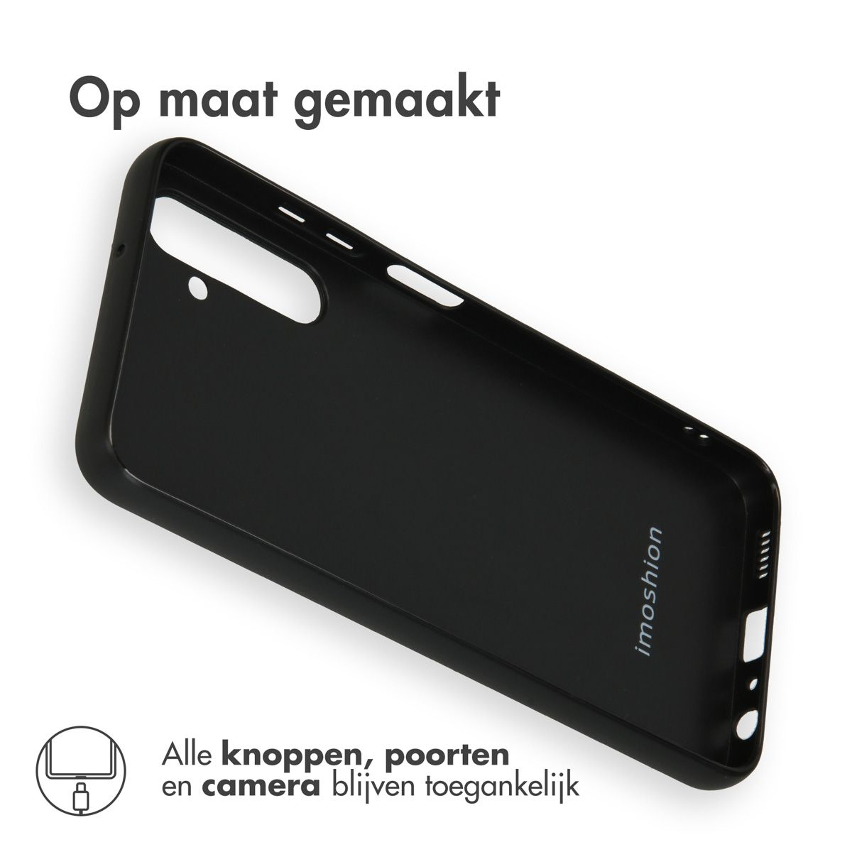 Une coque de téléphone noire avec le texte 'imoshion'. Le texte 'Op maat gemaakt' est en haut. Le texte 'Alle knoppen...' est en bas.