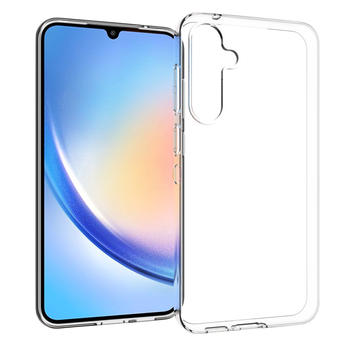 Een smartphone met een scherm dat een verloop van blauw en geel weergeeft, staat naast een transparante telefoonhoes.