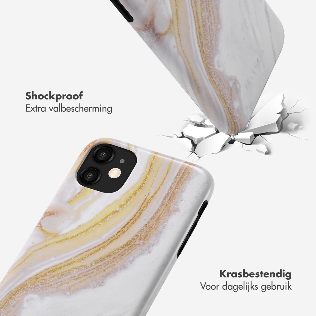 Deux coques de téléphone avec un motif marbré. L'une semble tomber et fissurer la surface. Texte : Antichoc et Krasbestendig.