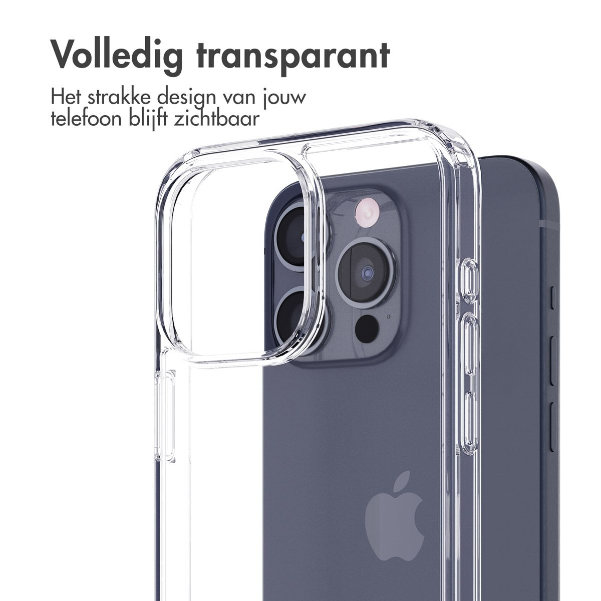 Un étui de téléphone transparent est montré, couvrant partiellement un téléphone bleu foncé avec une caméra triple objectif et le logo Apple.