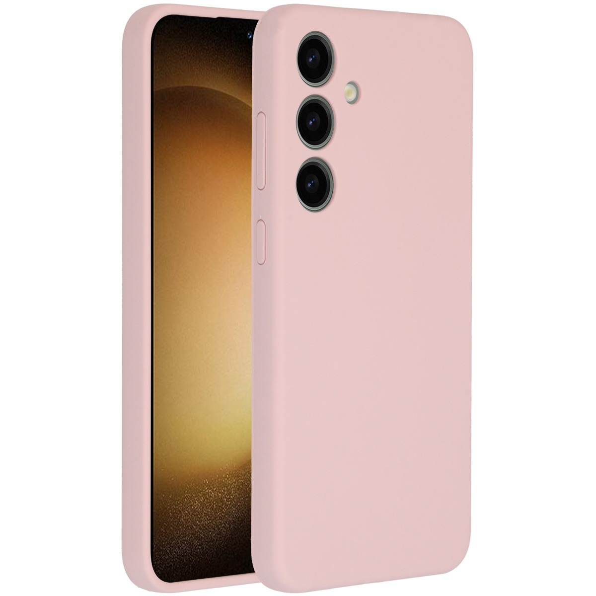 Un étui de téléphone rose avec trois objectifs d'appareil photo est montré, l'écran est visible sur le côté gauche.