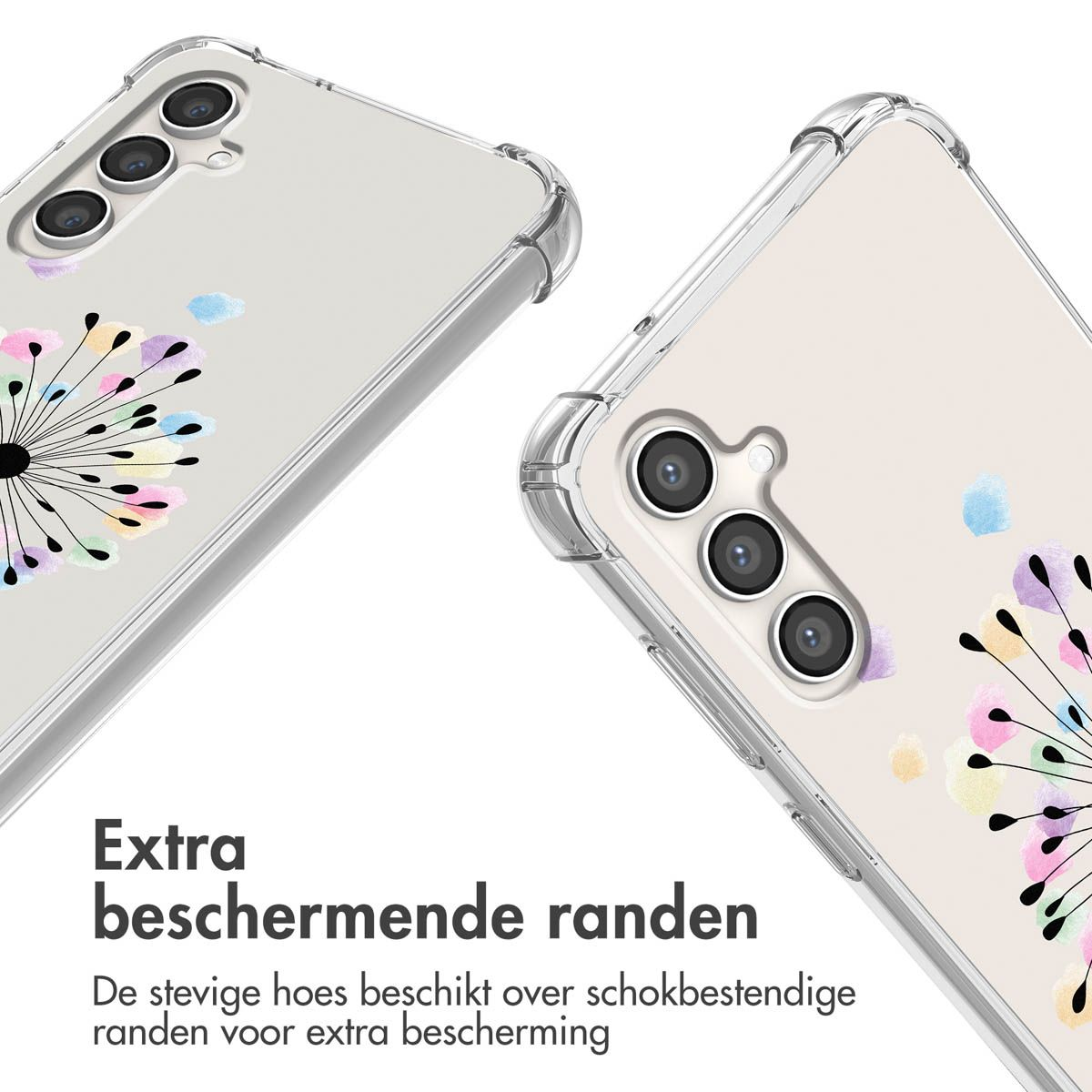 Twee telefoonhoesjes met bloemdesign, transparante beschermranden. Tekst: Extra beschermende randen, betekent 'extra beschermende randen'.