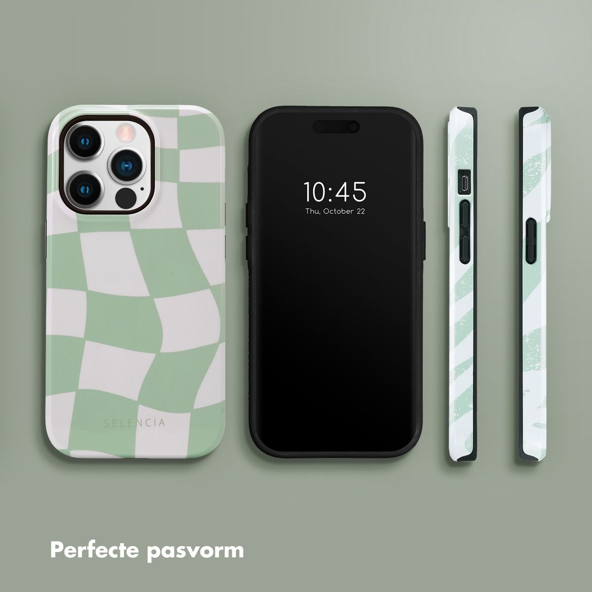 Un téléphone et des étuis sont affichés. Un étui est à carreaux verts, le téléphone est noir et d'autres étuis sont blancs et verts.