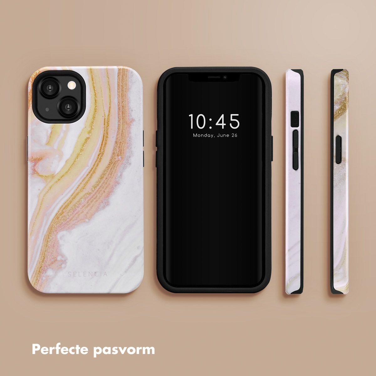 Un iPhone avec un étui à motif marbré et deux étuis latéraux. Heure affichée : 10h45 lundi 26 juin. Le fond est beige.