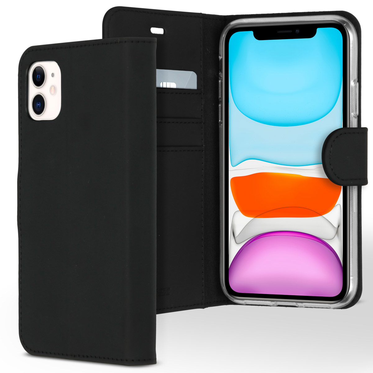 Étui de téléphone noir avec téléphone. L'écran affiche des formes colorées. Carte de crédit dans l'étui.
