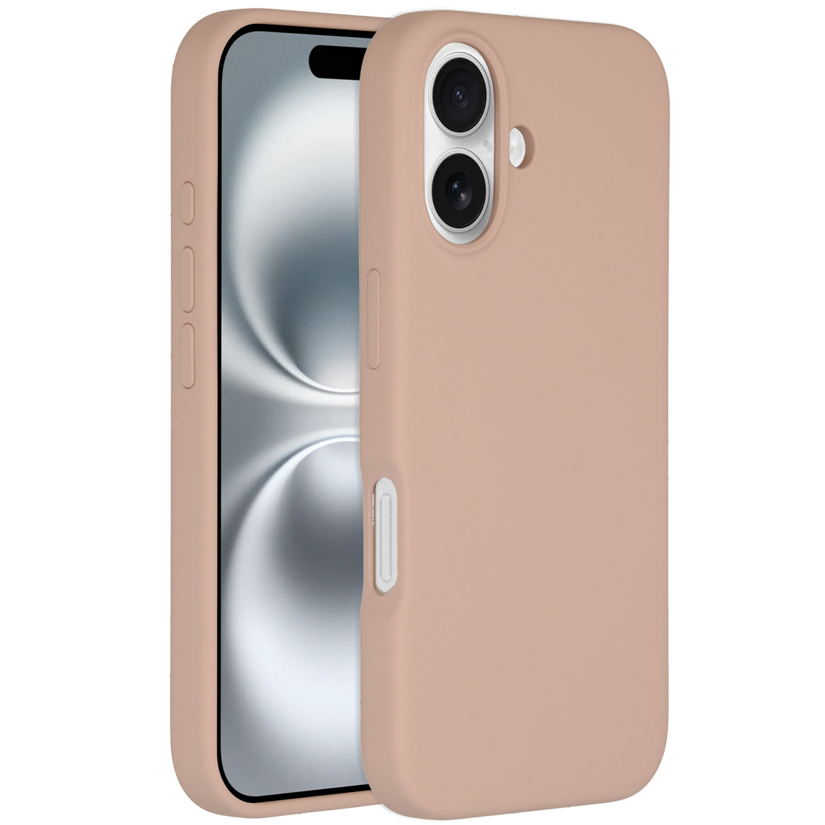 Un téléphone dans un étui couleur pêche est montré. L'écran du téléphone est visible, et l'étui a des découpes pour la caméra et des boutons.