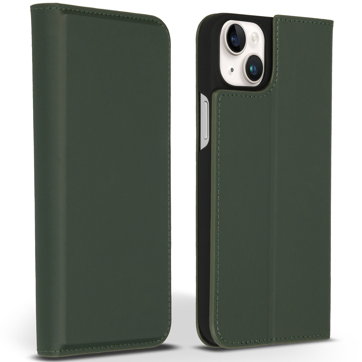 Een groene telefoonhoes, rechts open, met de cameralenzen van de telefoon. De linkerkant is gesloten.