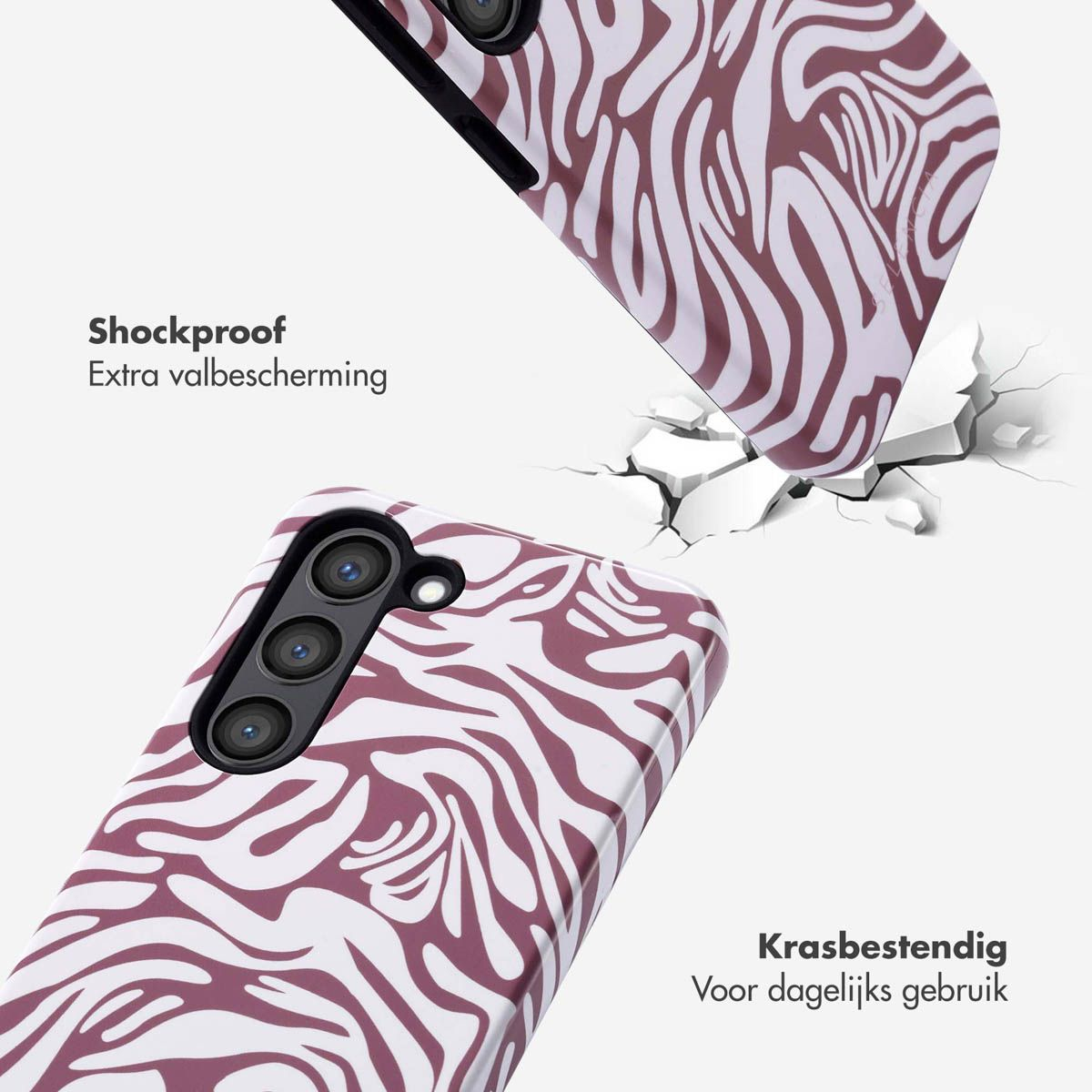Deux coques de téléphone avec un motif zébré, l'une tombant et fissurant la surface, le texte indique antichoc et résistant aux rayures.