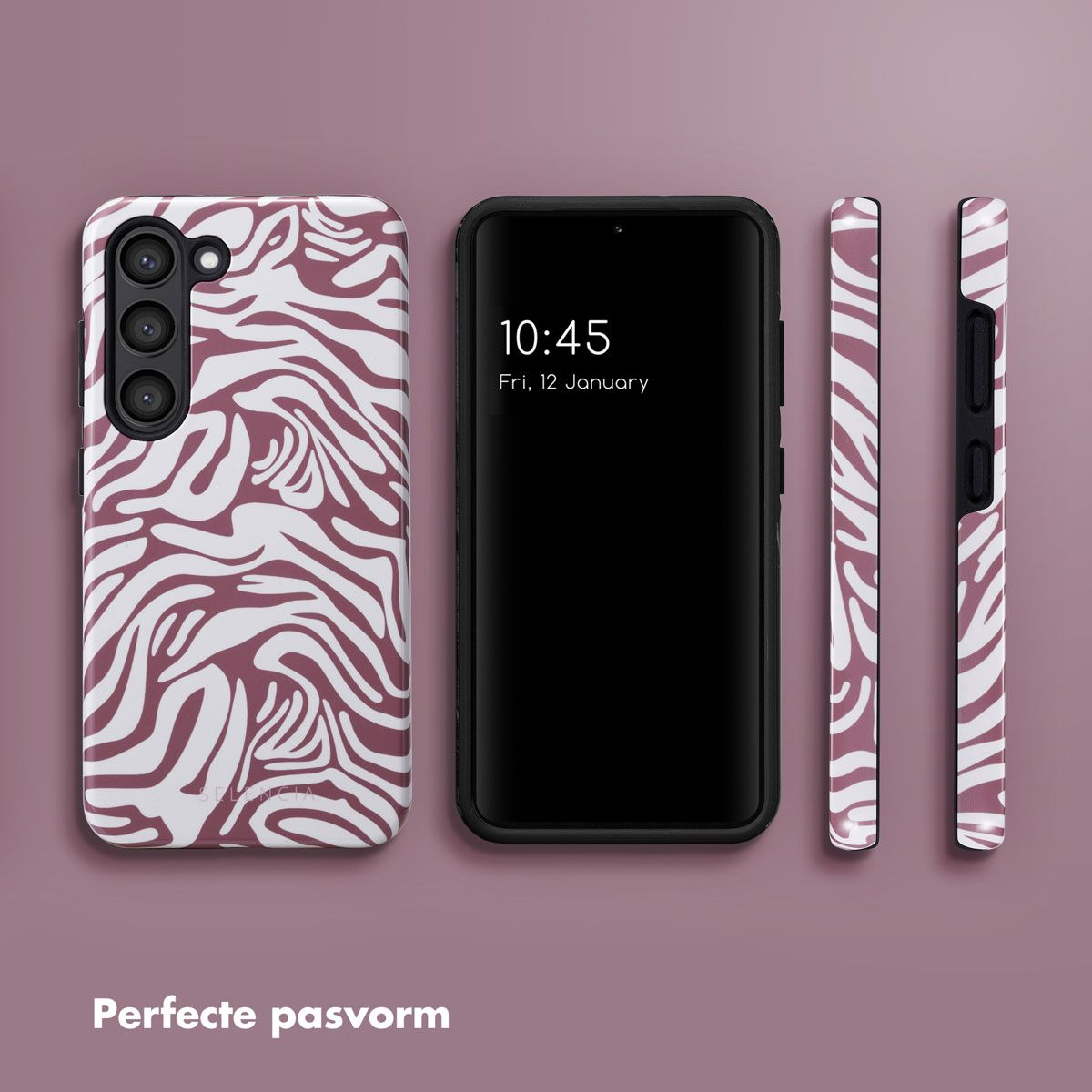 Un téléphone et deux étuis avec un motif zébré sont affichés. L'écran du téléphone affiche l'heure et la date. Le fond est rose.