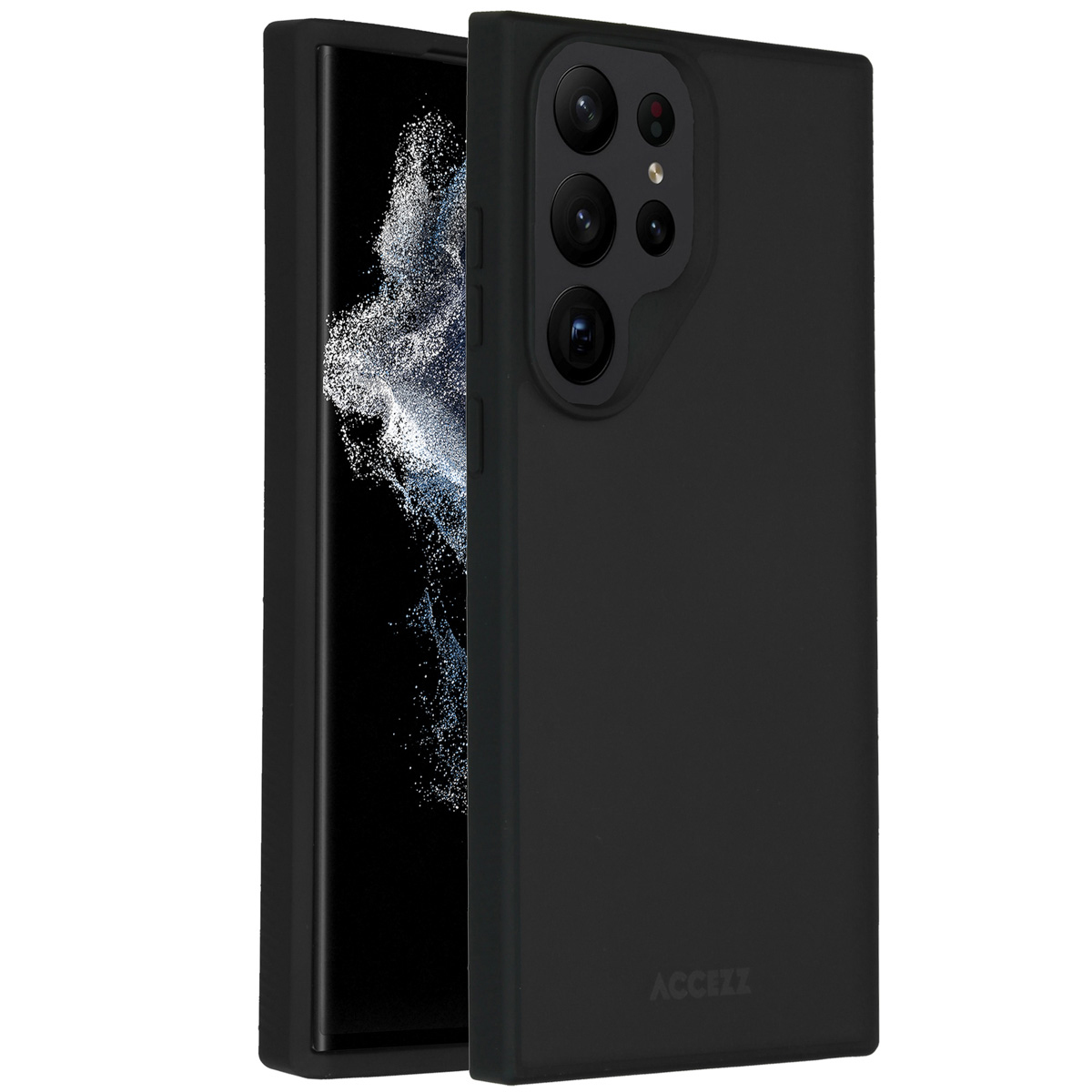 Zwarte smartphone met een zwarte hoes. De telefoon is iets open, met het scherm zichtbaar. De hoes heeft het woord ACCEZZ.