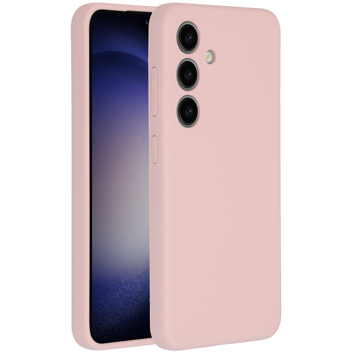 Una custodia rosa per telefono è sul lato destro. Lo schermo del telefono è visibile a sinistra. Tre obiettivi della fotocamera sono visibili.