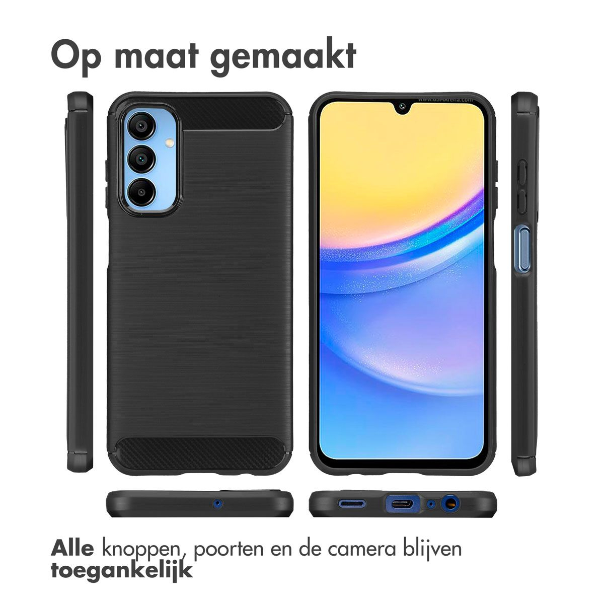 Zwarte telefoonhoes met een telefoon erin, het scherm tonend. De tekst luidt: Op maat gemaakt.