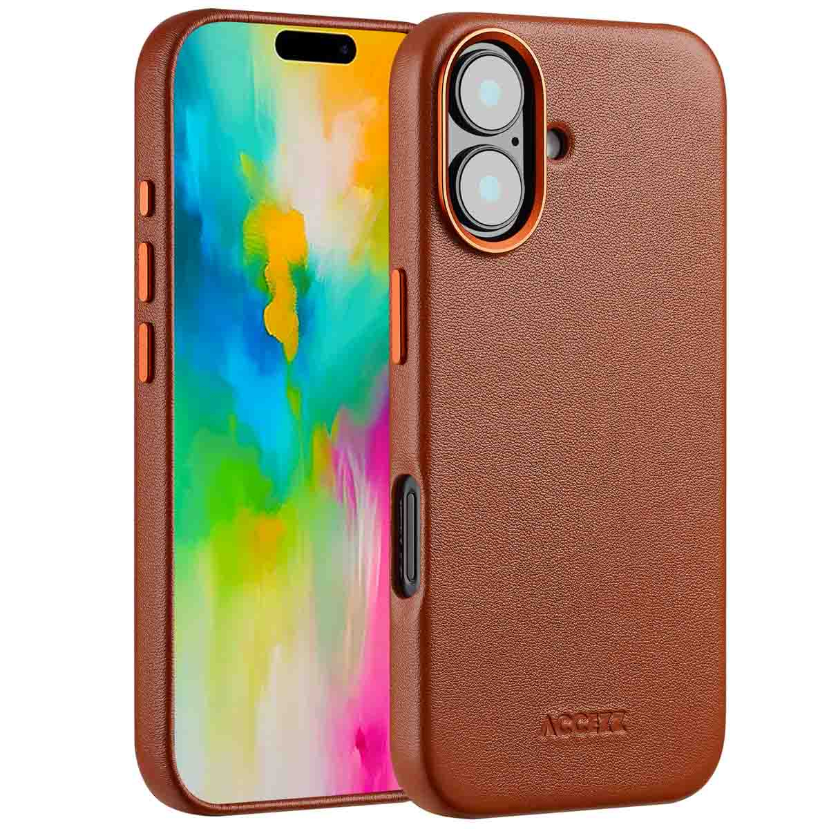 Een bruine telefoonhoes met een smartphone erin. De hoes heeft een getextureerd oppervlak en oranje accenten. De telefoon toont een kleurrijke abstracte afbeelding.