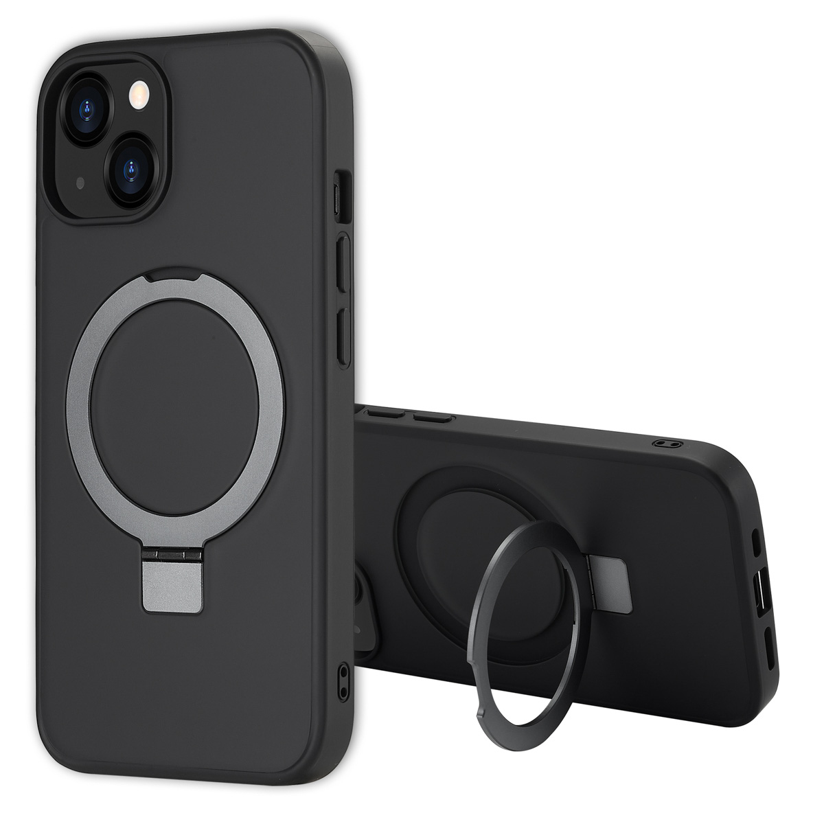 Deux coques de téléphone noires avec des supports d'anneau argentés. Un vertical, l'autre incliné. Les deux ont des découpes pour l'appareil photo et des boutons latéraux.