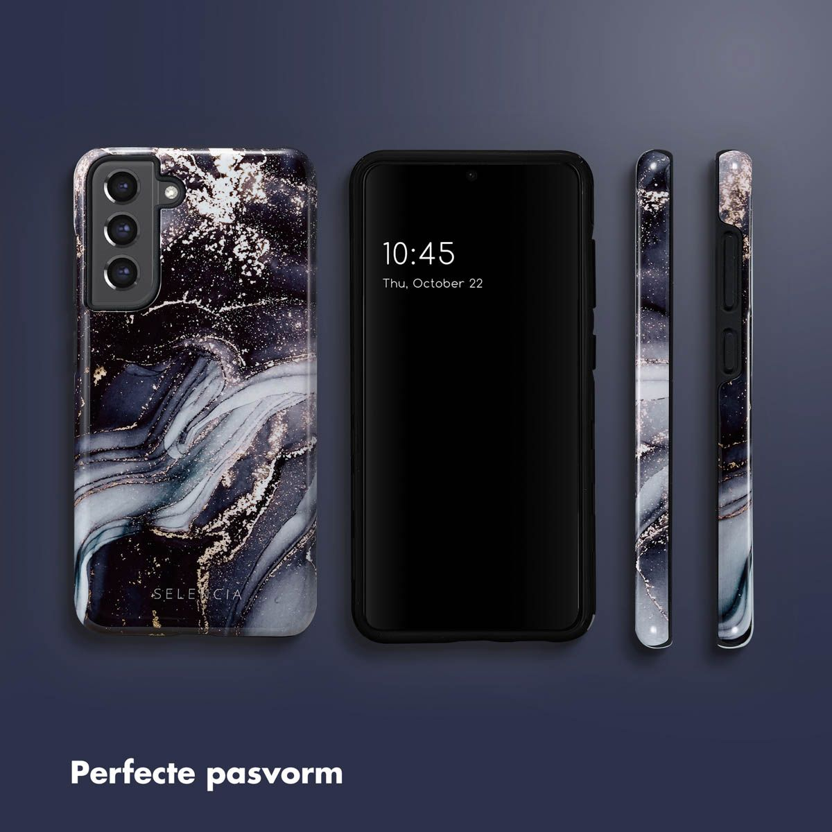 Telefono con custodia dal design marmorizzato, schermo acceso con data e ora. Diverse parti della custodia sono mostrate su sfondo blu scuro.