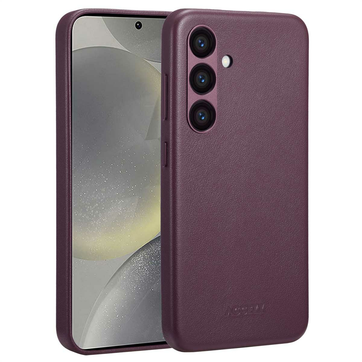 Een pruimkleurige telefoonhoes met een telefoon erin. De hoes heeft een textuuroppervlak en drie cameralenzen.