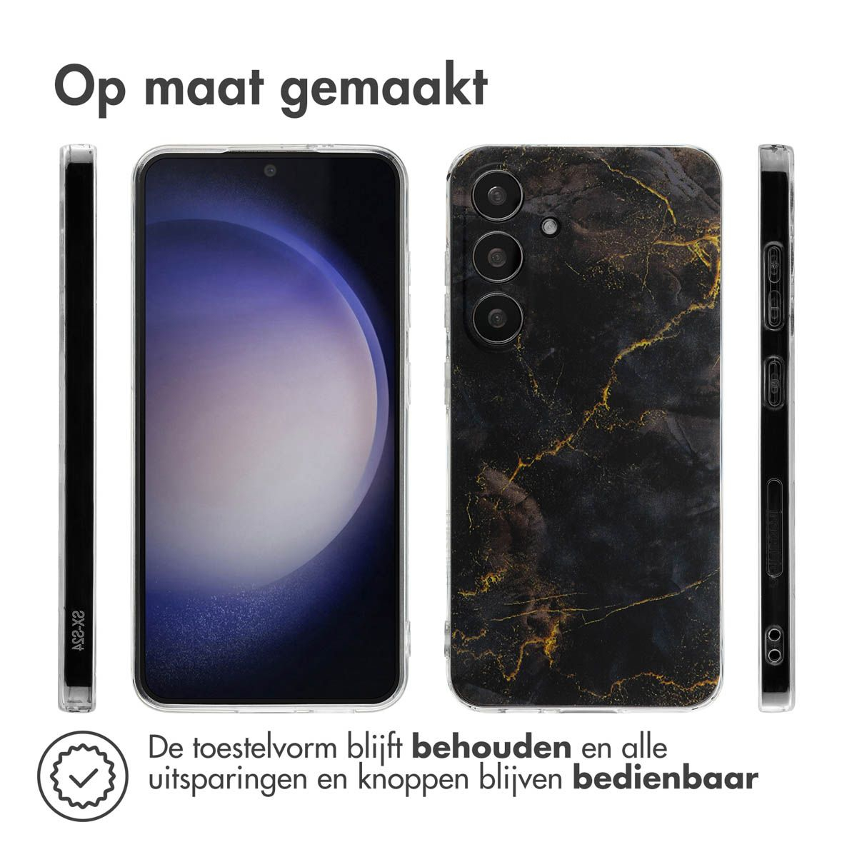 Afbeelding toont een telefoon met een zwarte marmeren hoes. Tekst zegt: 'Op maat gemaakt', ook 'De toestelvorm blijft behouden en alle uitsparingen en knoppen blijven bedienbaar'.