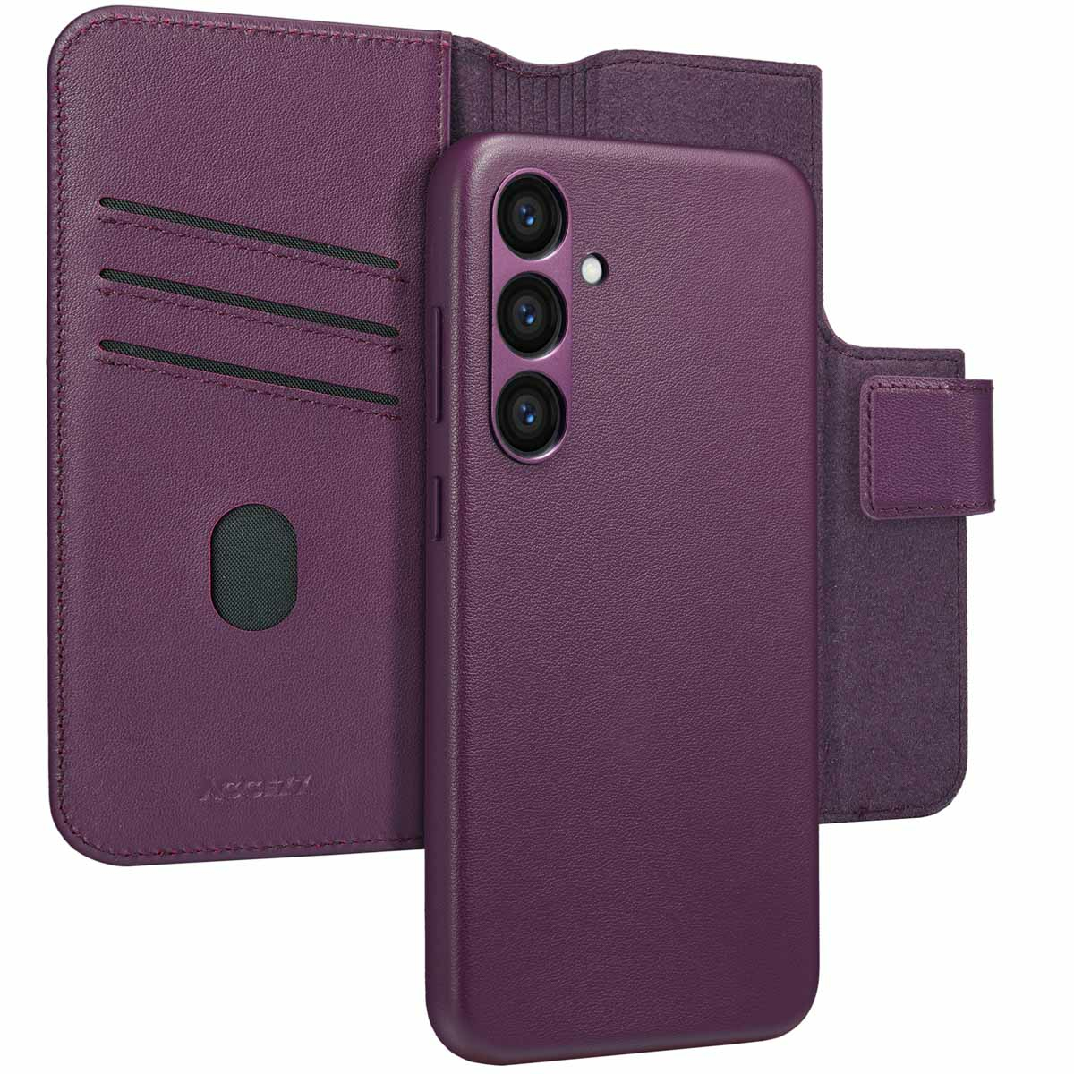 Een paarse telefoonhoes met portemonnee-ontwerp. Het heeft een telefoon, kaartsleuven en een magnetische sluiting. De hoes is leerachtig.