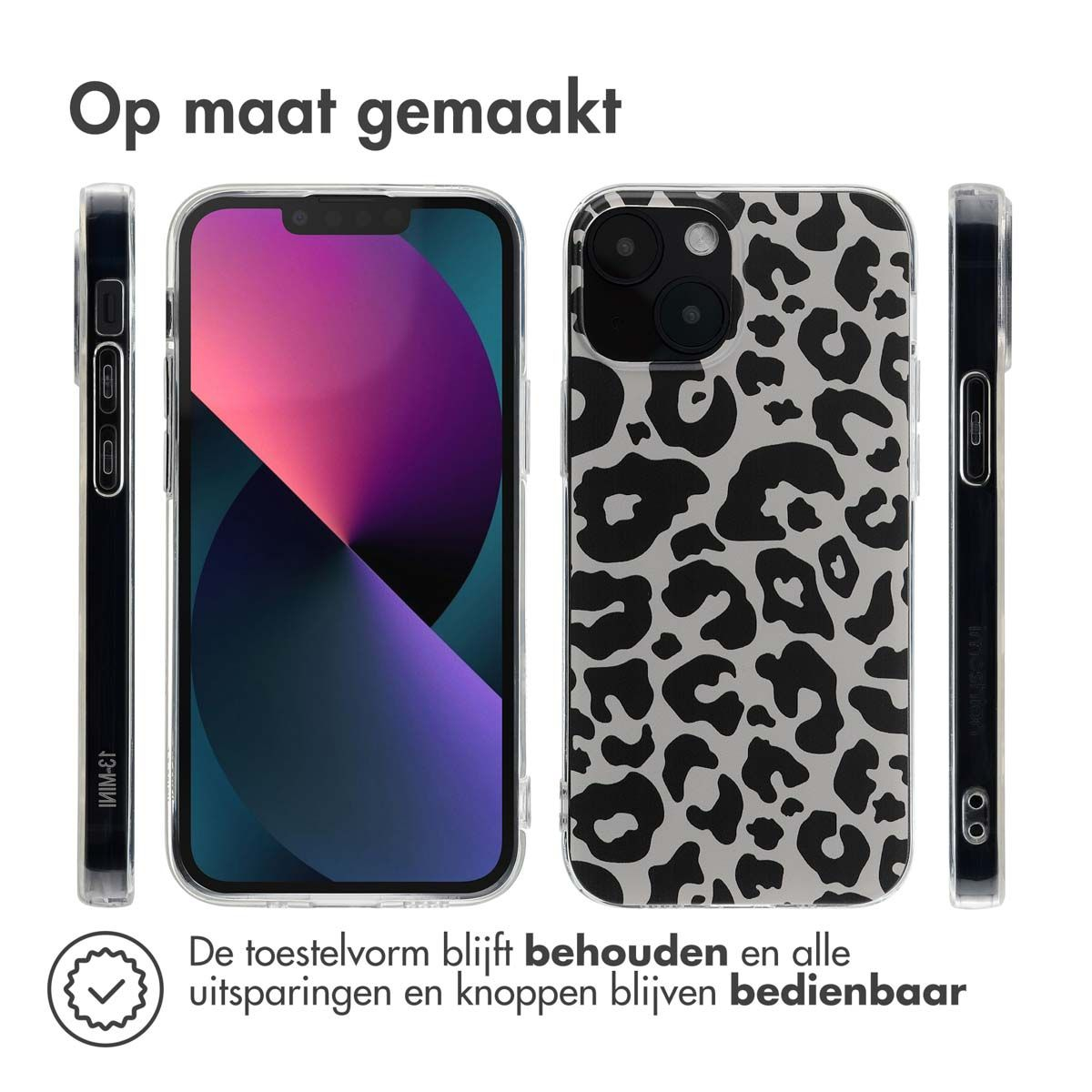 Drie telefoons met hoesjes. Eén telefoon is zichtbaar, de andere twee zijn bedekt met hoesjes. Tekst: 'Op maat gemaakt', 'De toestelvorm blijft...'
