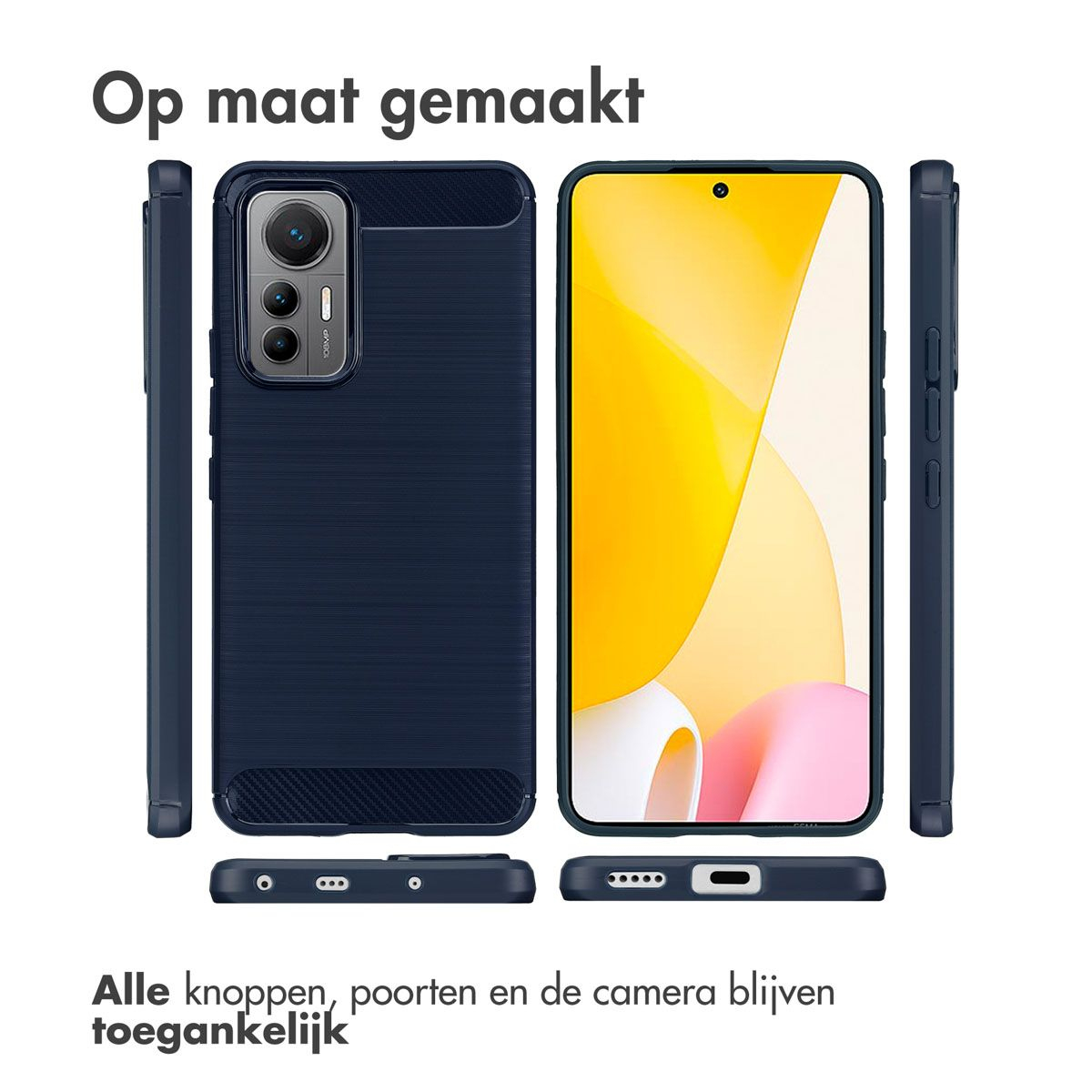 Une coque de téléphone avec un téléphone à l'intérieur. La coque est bleu foncé et l'écran affiche un dégradé jaune. Du texte est également présent.