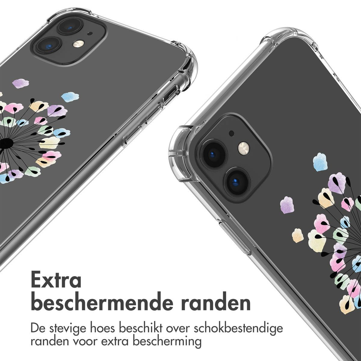 Deux coques de téléphone avec des motifs de pissenlit sont présentées. Texte : bords protecteurs supplémentaires. Coques avec bords protecteurs et détails floraux colorés.
