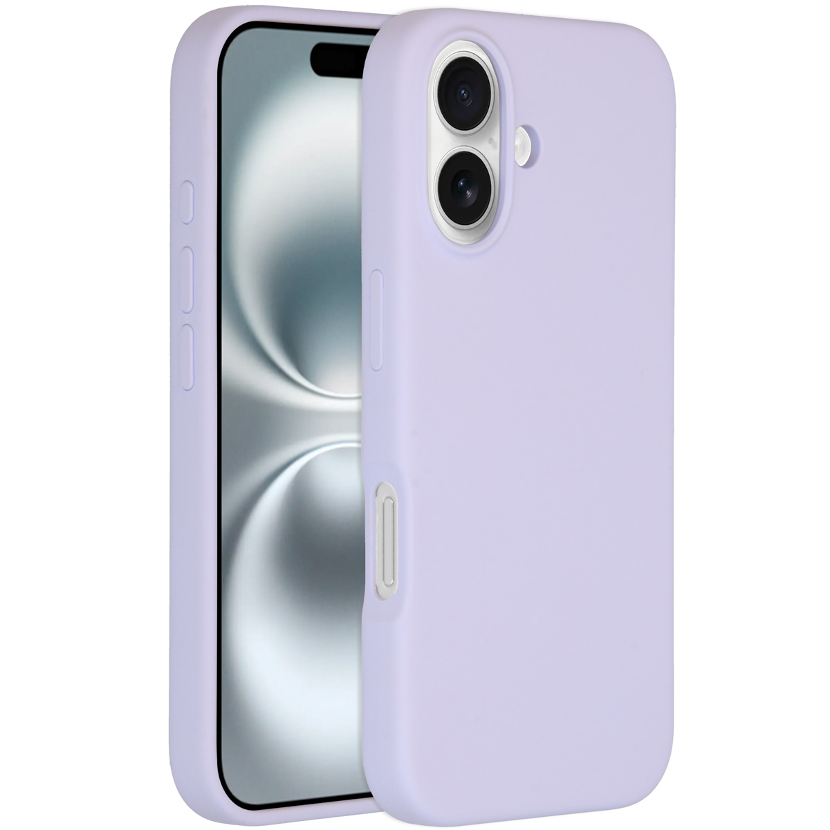 Une coque de téléphone lavande à côté d'un téléphone avec un écran affichant un design blanc et gris. La coque a des trous pour l'appareil photo.