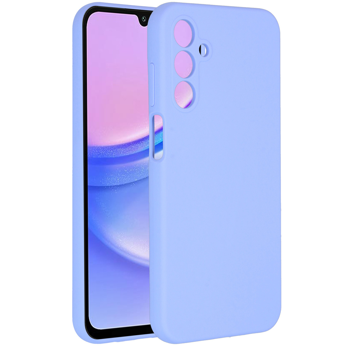 Een lichtblauwe telefoonhoes naast een telefoon met een zwarte rand. De telefoon toont een roze scherm.