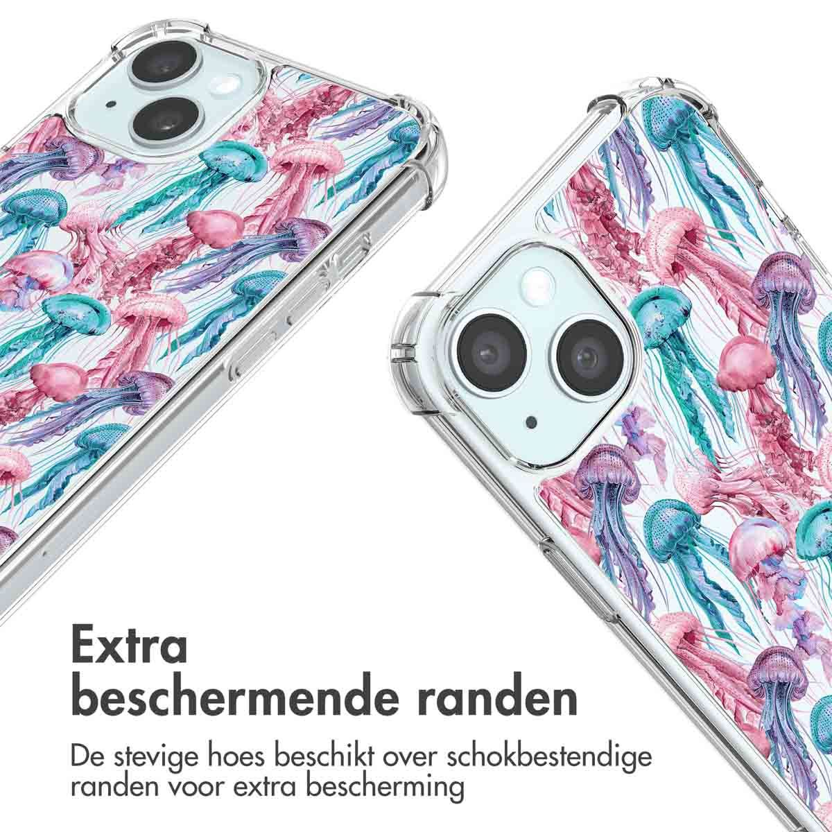 Twee telefoonhoesjes met kwallenpatroon. Roze, blauwe en paarse kwallen op een witte achtergrond. Transparante beschermranden.