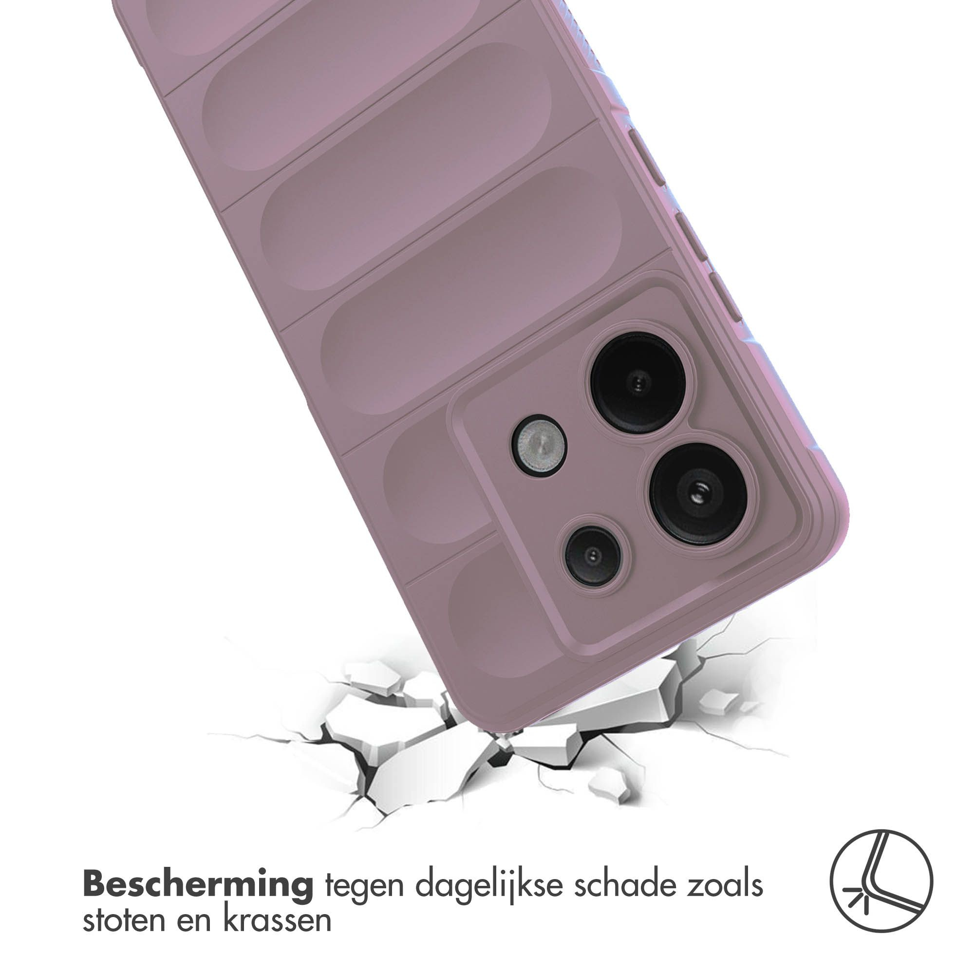 Een telefoonhoes valt op een wit oppervlak en barst. De hoes is paars en heeft cameragaten.