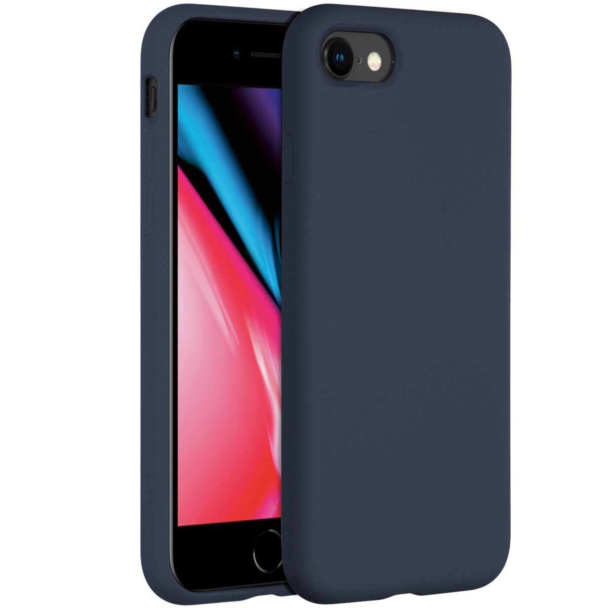 Een donkerblauwe telefoonhoes op een zwarte telefoon. Het scherm toont een roze en witte afbeelding.