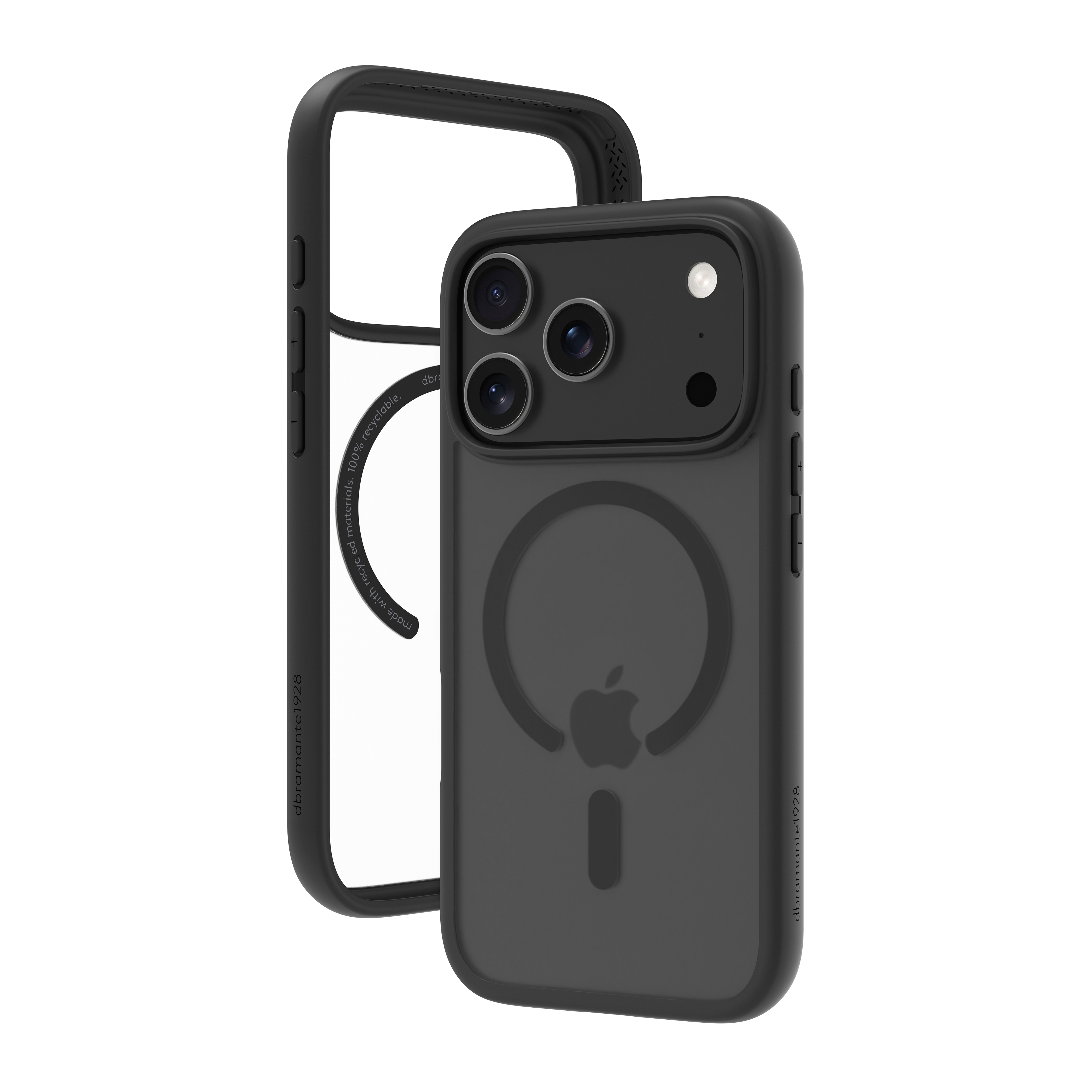 Gezeigt wird eine schwarze Handyhülle mit transparentem Rahmen. Sie hat das Apple-Logo und einen Magnetring.