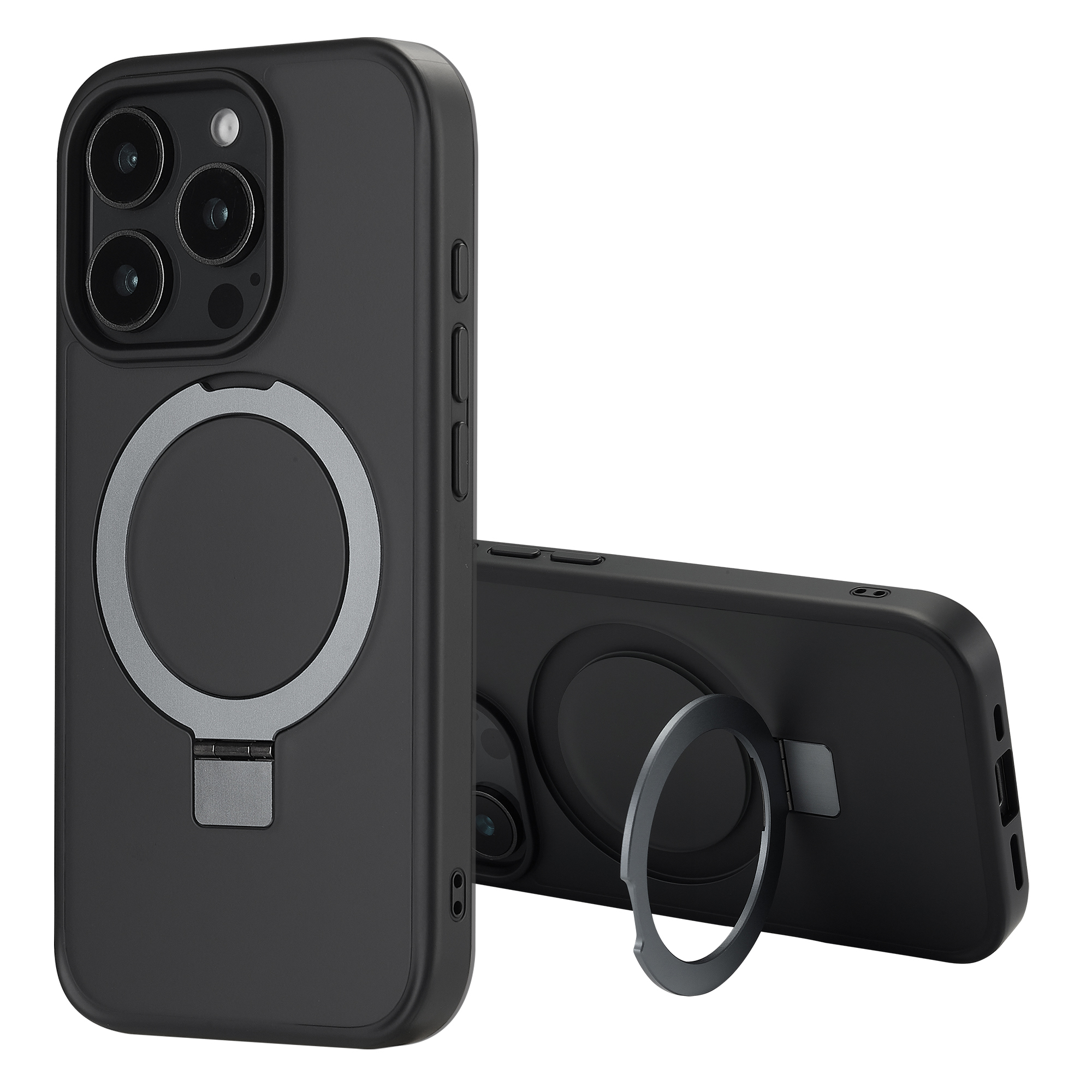 Coque de téléphone noire avec support anneau argenté, deux téléphones. Un debout, un couché.