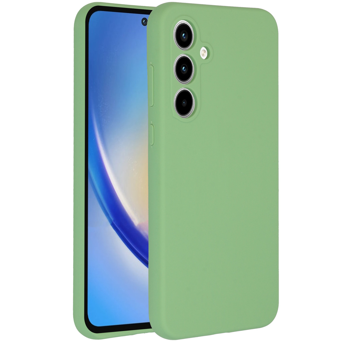 Gezeigt werden eine grüne Handyhülle und ein Handy. Das Handy hat einen Bildschirm, die Hülle Kameraausschnitte und Knöpfe.