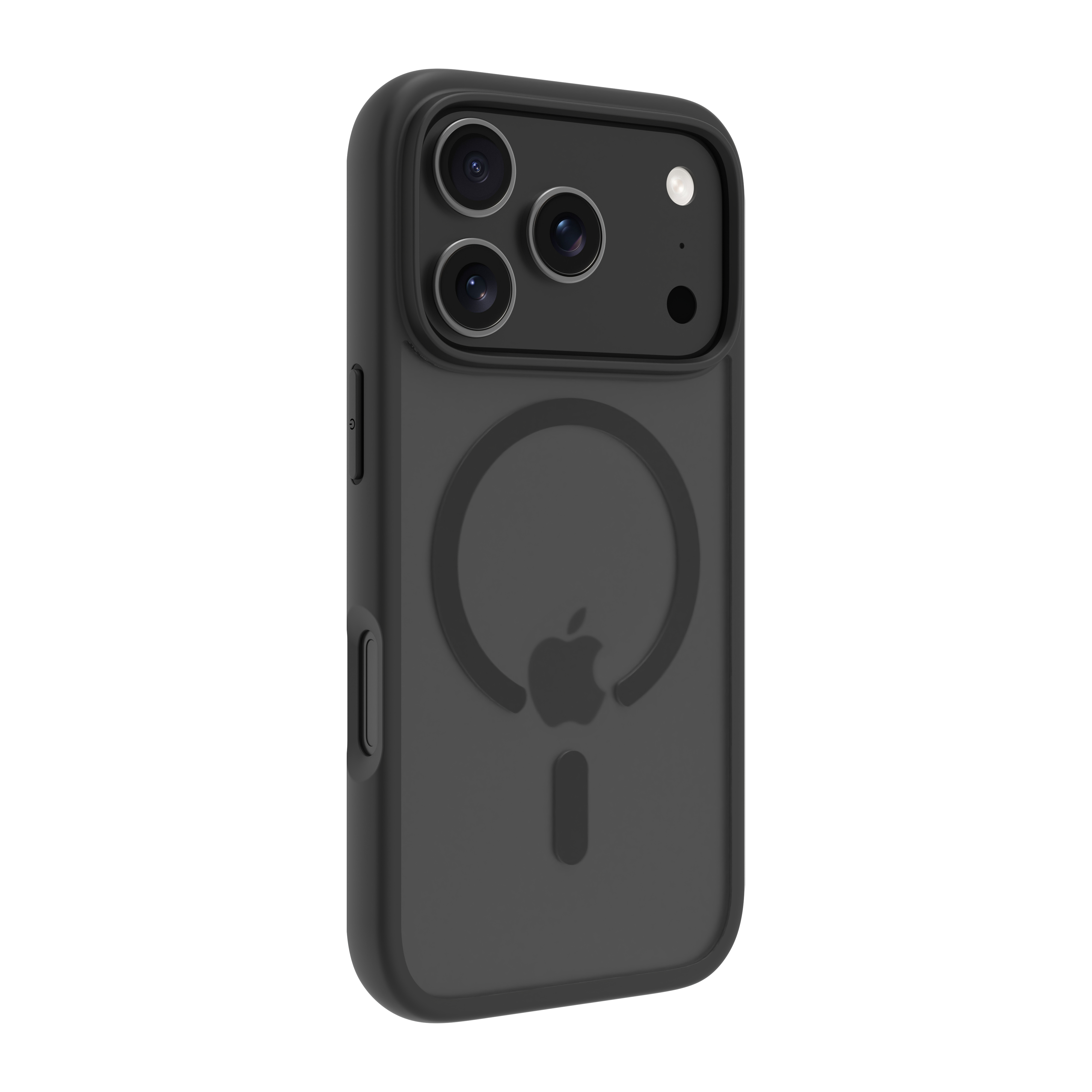 Eine schwarze Handyhülle mit Kameramodul. Das Apple-Logo ist sichtbar.