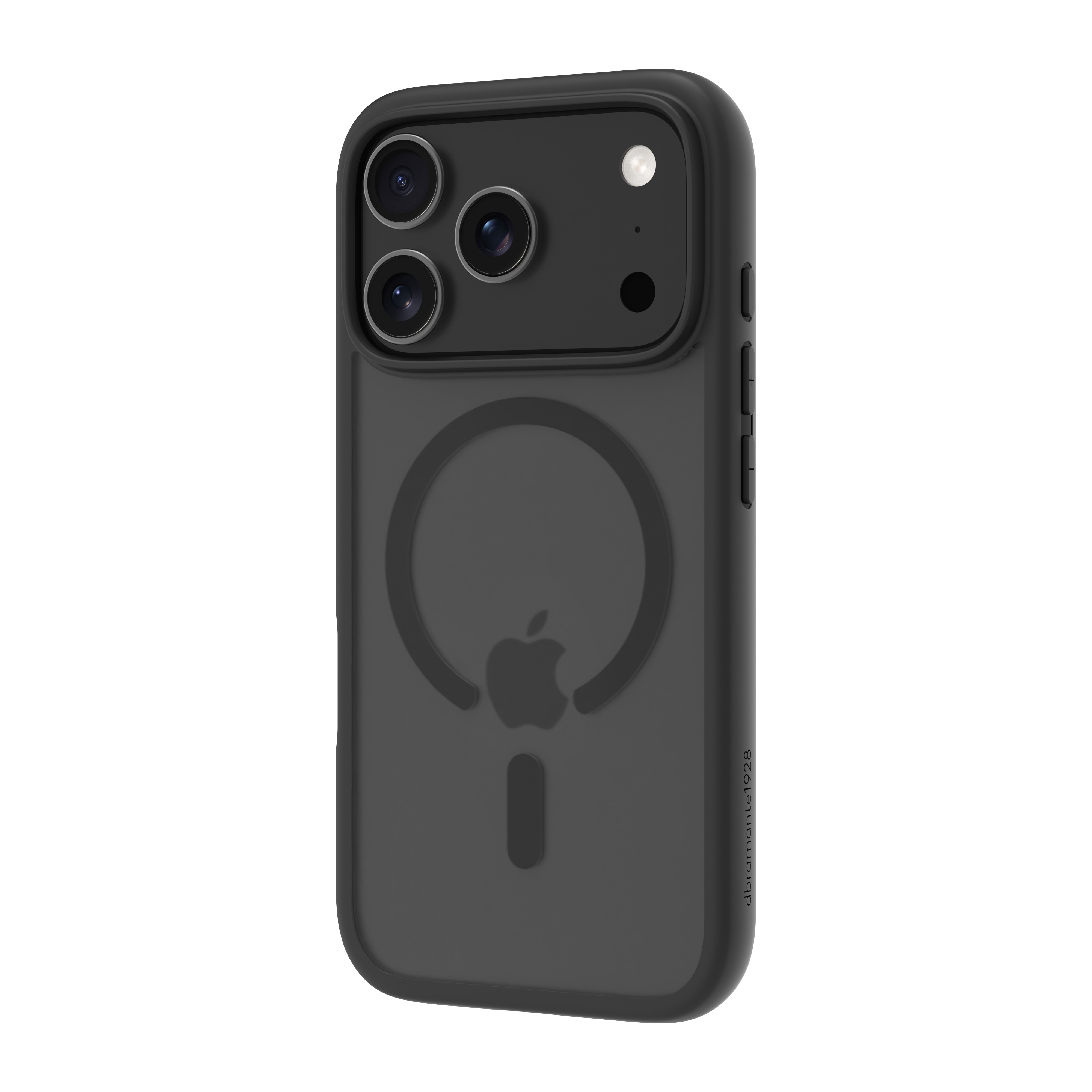 Schwarze Handyhülle mit Kameraausschnitten und Apple-Logo. Verfügt über ein magnetisches Kreismuster.