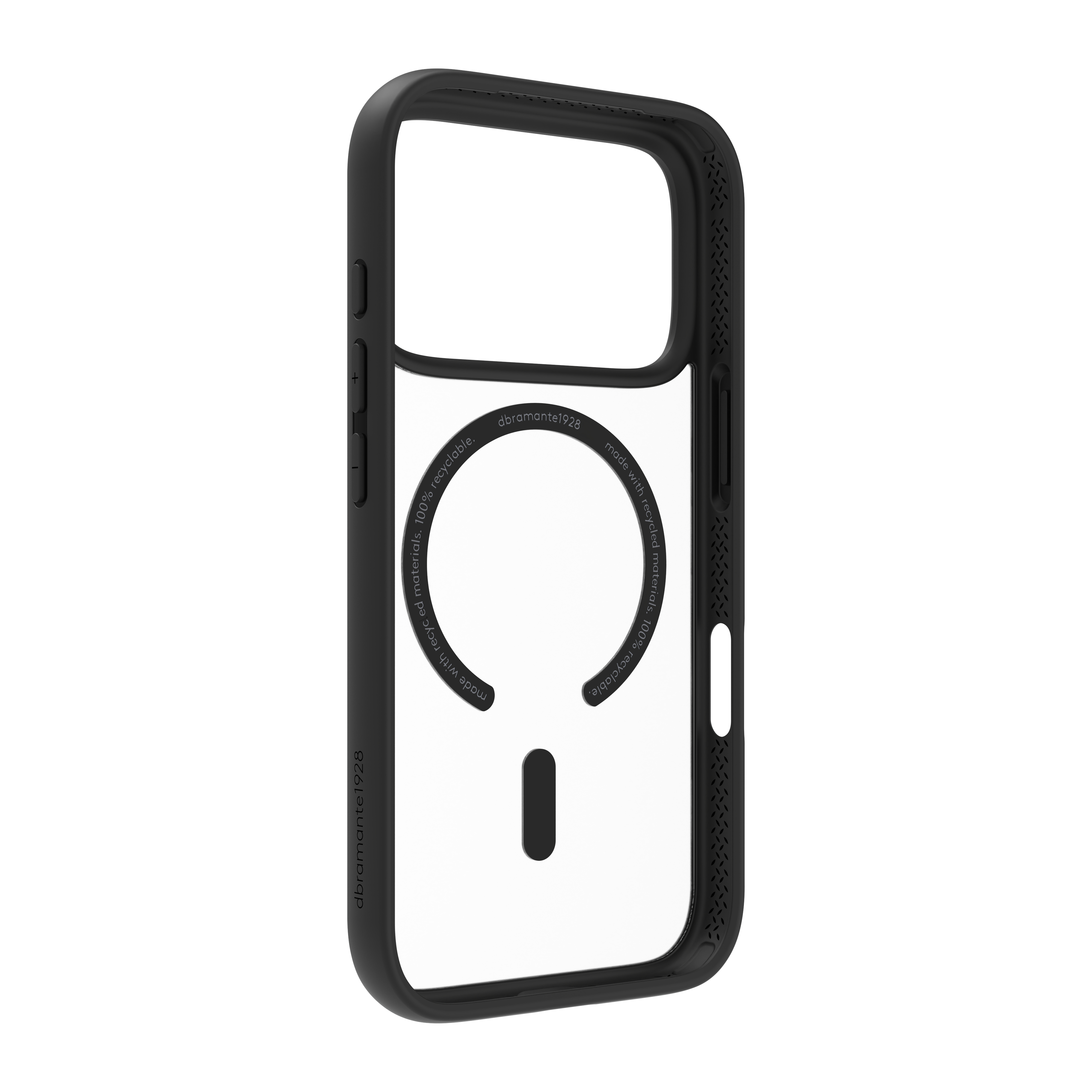Schwarze Handyhülle mit durchsichtigem Mittelteil. Hat Plus- und Minus-Tasten, und der Markenname ist sichtbar. Es besteht aus recycelten Materialien.