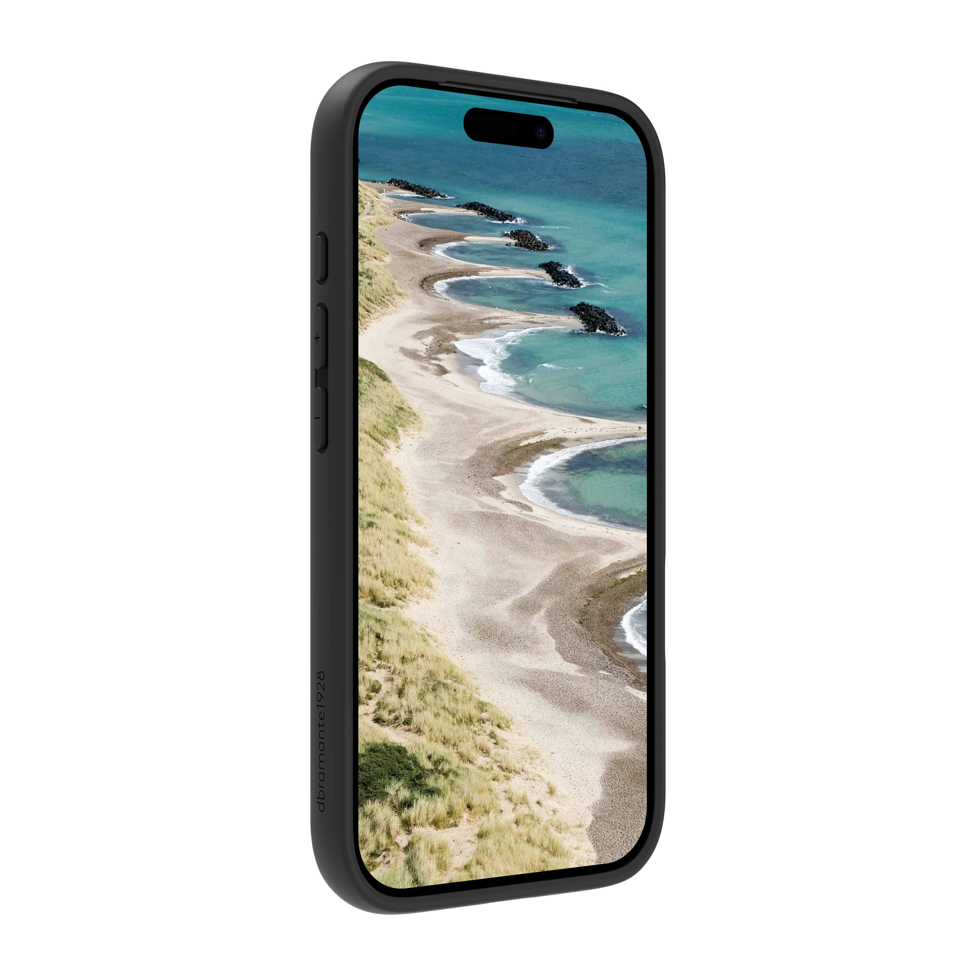 Telefon, das eine Strandszene mit Felsen im Wasser zeigt. Schwarze Handyhülle mit Landschaft auf dem Bildschirm.