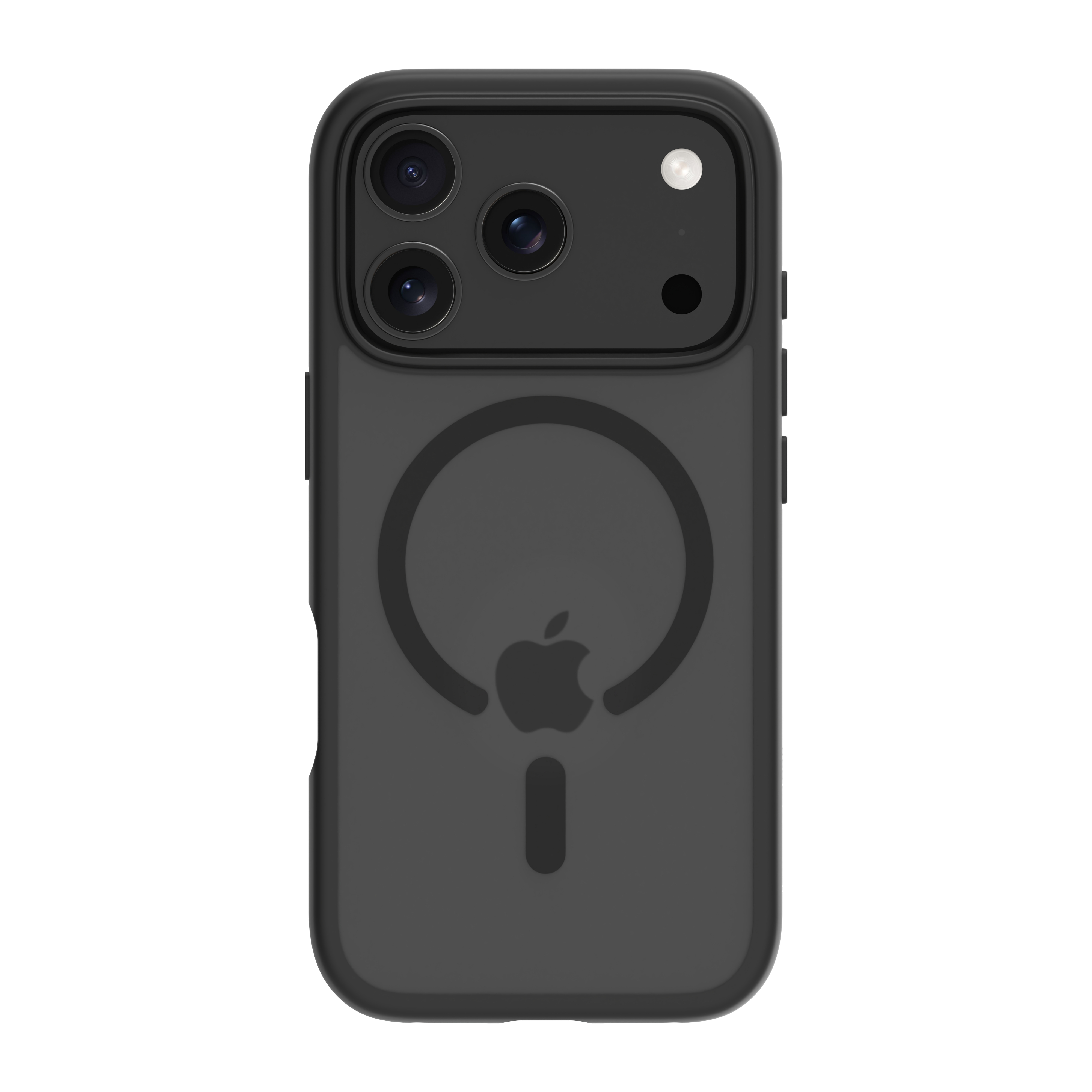 Schwarze Handyhülle mit Kameraausschnitten und Apple-Logo auf weißem Hintergrund.