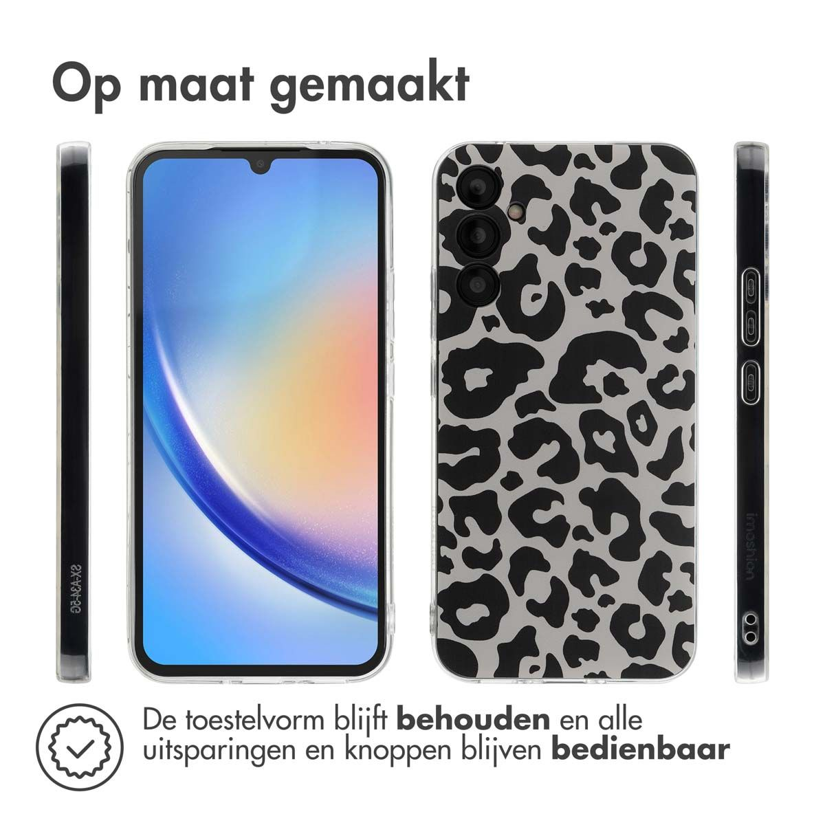 Trois étuis de téléphone: un transparent, un imprimé léopard et un noir. Texte: 'Op maat gemaakt', 'De toestelvorm blijft behouden'.